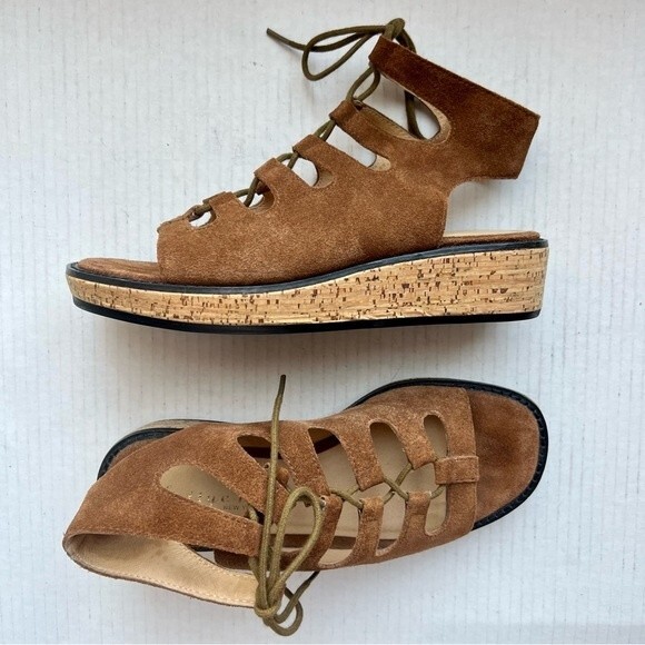 Bettye Bueller Brown Suede Gladiator Cork Heel Sandals Women 6 Casual Boho Laces - Picture 12 of 14